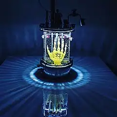 Regenerative Reliquary by Amy Karle, 2016 is a hybrid art / bioart sculpture of a 3D printed bioprinted installed in a bioreactor.