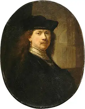Painted over a biblical scene, only the head and collar are by Rembrandt. Perhaps 1639, Louvre.