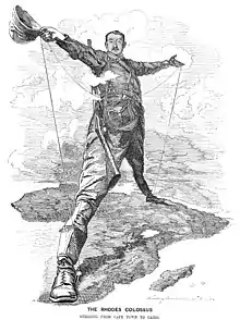Image 7Cecil Rhodes, as The Rhodes Colossus, wishes for a railway stretching across Africa from the Cape of Good Hope to Egypt. (from Political cartoon)
