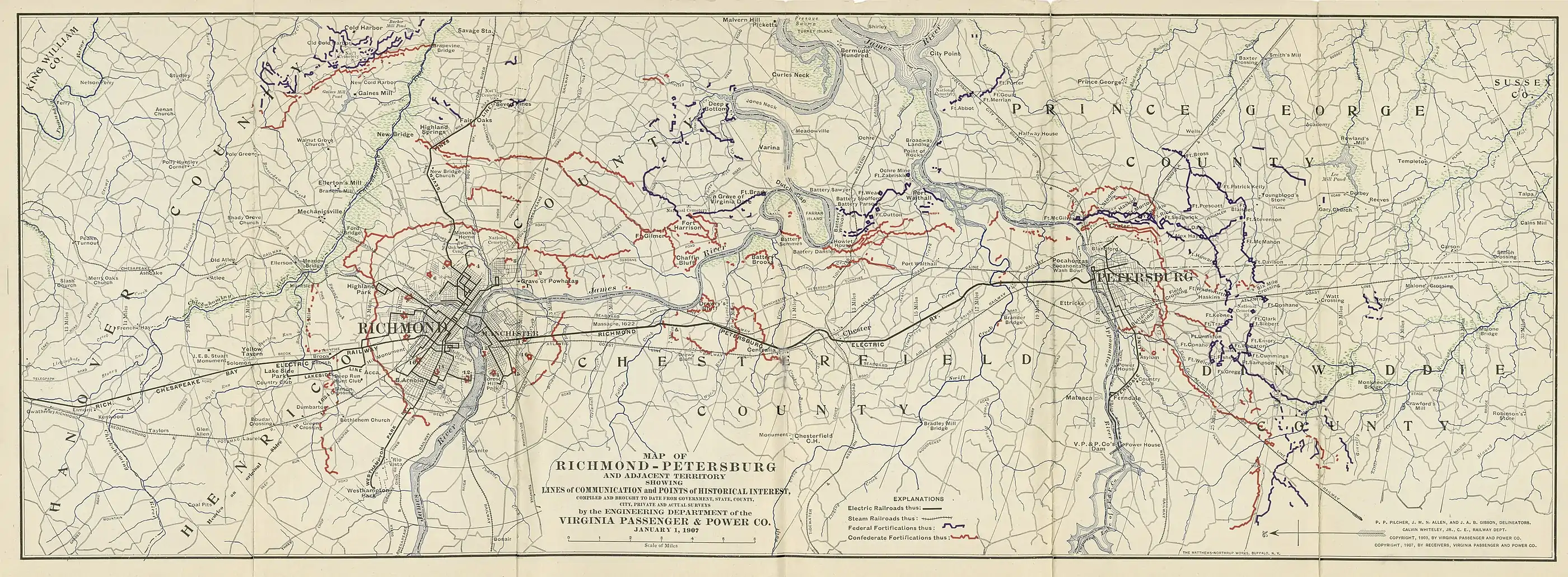 Map of Richmond and Petersburg showing Communication Lines.