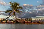 River bank of the island of Don Khon, with stilt wooden houses, in sunshine at golden hour, seen from Don Det with a leaning Arecaceae (palm tree) and colorful clouds.