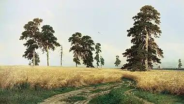 Image 13Ivan Shishkin's RyeArtist: Ivan ShishkinRye, by Ivan Shishkin (1878). Shishkin was a leading Russian landscape painter associated with the realistic Peredvizhniki movement. The painting represents boundless rye fields in the Central Black Earth Region. The canvas still hangs in the Tretyakov Gallery in Moscow.More selected pictures