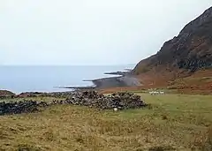 Ruined buildings (stone walls or foundations) are commonly seen in crofting areas. These are in the settlement of  Boreraig, Skye which was cleared in 1853 and are probably remains of one of the houses that was abandoned at that time.