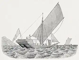 A sailboat of Borneo, with a tanja sail and a stage over the deck.