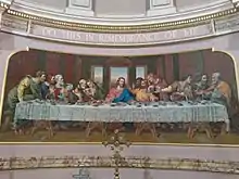 Mosaic reredos by Salviati of Venice, 1872, depicting the Last Supper after da Vinci. The location is the Grade II* Listed Church of St. Bridget with St. Thomas in Wavertree, Liverpool.