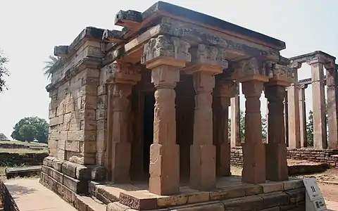 A tetrastyle prostyle Gupta period temple at Sanchi besides the Apsidal hall with Maurya foundation, an example of Buddhist architecture and Hindu architecture.[failed verification][full citation needed] 5th century CE.