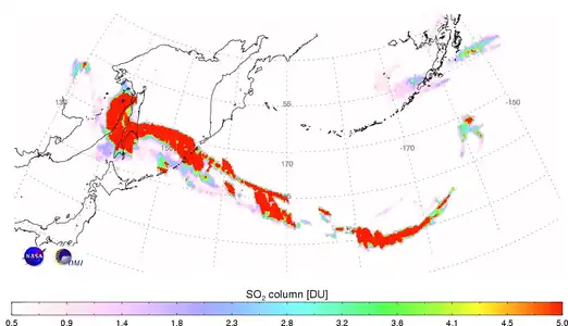 Image 31Sarychev Peak: the sulphur dioxide cloud generated by the eruption on June 12, 2009 (in Dobson units). (from Timeline of volcanism on Earth)