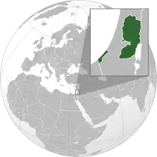 Territory claimed by Palestine (green).Territory also claimed by Israel (light green).All claimed territory is occupied by Israel.