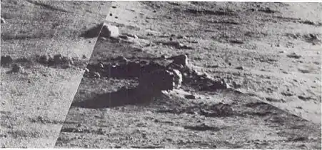 An area 350 meters northeast of the spacecraft showing a large block about 5 meters across and 2 meters high