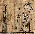 The deceased striding in front of a pillar which represents the city Heliopolis. Cowdery associated it with "Enoch's Pillar."