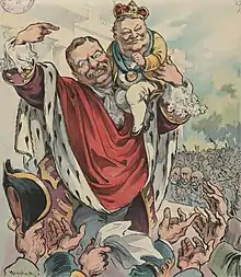 Image 2U.S. President Theodore Roosevelt introduces Taft as his crown prince: Puck magazine cover, 1906. (from Political cartoon)