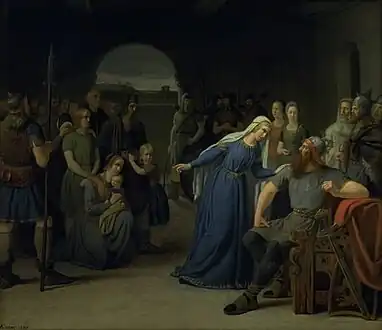 "Thyra Danebod forsøger at formilde Gorm den Gamles vrede mod nogle fangne kristne" by Julius Exner, 1849.