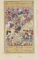 Timur's army attacks the fortress of Herat and Ghiyath al-Din, the Kartid ruler, sues for peace, signed Dharm Das, Mughal India, circa 1595-1600.