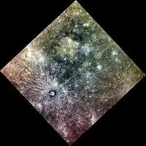Enhanced color image of Tolstoj crater (top center) and Bashō crater (lower left), with Vālmiki in the right corner.
