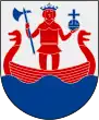 Saint Olaf with an axe and an orb standing in a viking boat