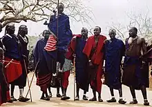 Image 10Maasai wearing traditional clothes named Matavuvale while performing Adumu, a traditional dance (from Culture of Africa)