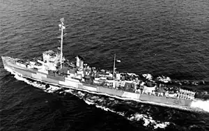 USS Edsall (DE-129), overhead underway, after 1945 refit, before transfer to Pacific.