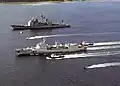 Shenzhen and USS Chancellorsville in Apra Harbor, Guam on 22 October 2003.