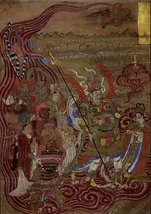 Vaiśravaṇa riding through the waves, 10th century, cave in Dunhuang. The cult of Vaiśravaṇa became prominent in esoteric Buddhism in the middle of the Tang dynasty.