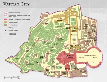 Image 3Map of Vatican CityMap: ThoroeA map of Vatican City (click for full resolution), highlighting notable buildings and the Vatican Gardens. The world's smallest independent state and the episcopal see of the Pope, Vatican City is entirely surrounded by the Italian city of Rome. As such, its geography is primarily urban and its climate similar to Italy's.More selected pictures
