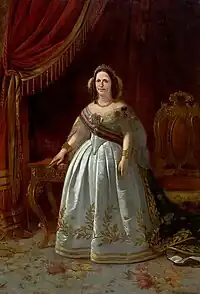 Empress Teresa Cristina of Brazil in court dress and train of green velvet with gold embroidery, 1864