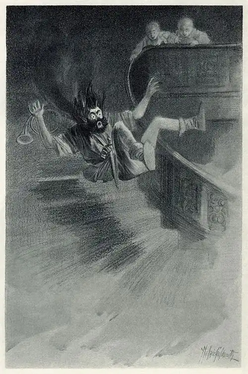 Image 8"The Canterville Ghost"Artist: Wallace Goldsmith; Restoration: Adam CuerdenA scene from "The Canterville Ghost", Oscar Wilde's first published story, which is about an American family that moves into a haunted house in England. However, instead of being frightened of the eponymous ghost, they turn the tables and prank him, such as in this scene, where the twin boys have set up a butter-slide, causing the ghost to slip down the staircase. The story satirises both the unrefined tastes of Americans and the determination of the British to guard their traditions.More selected pictures