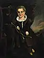 Portrait of a Young Boy with Flounced Collar and Brown Suit Holding a Bow and Arrow
