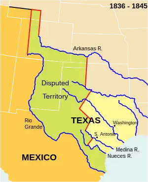 Image 11The Republic of Texas. The present-day outlines of the U.S. states (white lines) are superimposed on the boundaries of 1836–1845. (from History of Texas)