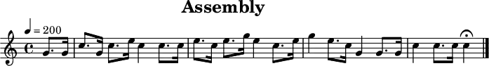 \header {
title = "Assembly"
tagline = ##f
}
\paper {
#(layout-set-staff-size 18)
}
\score {
\relative c'' {
\tempo 4=200
\key c \major
\time 4/4
\set Staff.midiInstrument = #"french horn"
\partial 4
g8. g16
c8. g16 c8. e16 c4 c8. c16
e8. c16 e8. g16 e4 c8. e16
g4 e8. c16 g4 g8. g16
c4 c8. c16 c4\fermata
\bar "|."
}
\layout { }
\midi { }
}