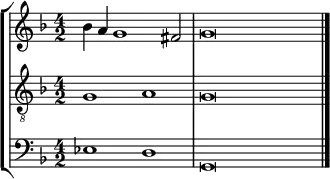 {
\override Score.SpacingSpanner.strict-note-spacing = ##t
\set Score.proportionalNotationDuration = #(ly:make-moment 1/2)
<< \new StaffGroup <<
\new Staff <<
\set Score.tempoHideNote = ##t \tempo 2 = 60
\set Staff.midiInstrument = #"voice oohs"
\clef treble \time 4/2
\relative c'' {
\clef treble \time 4/2 \key g \dorian
bes4 a g1 fis2 g\breve
}
>>
\new Staff <<
\set Staff.midiInstrument = #"voice oohs"
\clef "treble_8" \time 4/2 \key g \dorian
\new Voice \relative c' {
g1 a g\breve
}
>>
\new Staff <<
\set Staff.midiInstrument = #"voice oohs"
\clef bass \time 4/2 \key g \dorian
\new Voice \relative c {
es1 d g,\breve \bar "|."
}
>>
>>
>> }