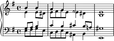 \new PianoStaff <<
\new Staff <<
\new Voice \relative c'' {
\stemUp \clef treble \key e \minor \time 4/4
\partial2 b4 b a g fis2 e1
}
\new Voice \relative c' {
\stemDown
\partial2 e4 e8 dis e fis g e e4 dis b1
}
>>
\new Staff <<
\new Voice \relative c' {
\stemUp \clef bass \key e \minor \time 4/4
\partial2 g8 a b4 c b cis b8 a! gis1
}
\new Voice \relative c {
\stemDown
\partial2 e8 fis g e c d e c ais4 b e,1
}
>>
>>