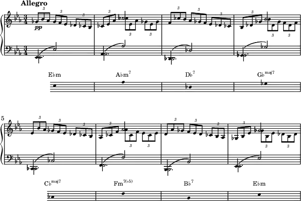 { <<
\new PianoStaff <<
\new Staff \with{ \magnifyStaff #2/3 } <<
\new Voice \relative c' {
\key ees \major \clef treble \set Score.tempoHideNote = ##t \tempo 4 = 120 \time 3/4
\mark \markup { \abs-fontsize #10 { \bold { Allegro } } }
\times 2/3 {ges'8_\markup{\dynamic pp} bes aes} \times 2/3 {ges f ees} \times 2/3 {des ces bes} |
\times 2/3 {ces ees aes} \stemDown \times 2/3 {ces ees, aes} \times 2/3 {ges ees ges} |
\stemNeutral \times 2/3 {f ces' bes} \times 2/3 {aes ges f} \times 2/3 {ees des ces} |
\times 2/3 {bes des ges} \stemDown \times 2/3 {bes des, ges} \times 2/3 {f des f} |
\stemNeutral \times 2/3 {ees bes' aes} \times 2/3 {ges f ees} \times 2/3 {des ces bes} |
\times 2/3 {aes ces f} \stemDown \times 2/3 {aes ces, f} \times 2/3 {ees ces ees} |
\stemNeutral \times 2/3 {d aes' ges} \times 2/3 {f ees d} \times 2/3 {ces bes aes} |
\times 2/3 {ges bes ees} \stemDown \times 2/3 {ges bes, ees} \times 2/3 {des bes des} |
}
\new Voice \relative c' { \stemUp
s2. | s4 ces'2 | s2. | s4 bes2 |
s2. | s4 aes2 | s2. | s4 ges2 |
}
\new Staff \with{ \magnifyStaff #2/3 } <<
\new Voice \relative c' {
\key ees \major \clef bass \time 3/4 \stemUp \slurUp
ees,,4( ees'2) | aes,4( aes'2) | des,,4( des'2) | ges,4( ges'2)
ces,,4( ces'2) | f,4( f'2) | bes,,4( bes'2) | ees,4( ees'2)
}
\new Voice \relative c' { \stemDown
ees,,2. | aes2. | des,2. | ges2.
ces,2. | f2. | bes,2. | ees2.
}
>> >> >>
\new Staff = "chords" \with {
\remove "Time_signature_engraver"
\magnifyStaff #2/3
} \relative c'
{ \hide Staff.KeySignature \key ees \major \clef bass \hide Staff.Clef
{\stopStaff s4 \startStaff \hide Stem ees,8 s s s s s aes s s s s s des, s s s s s ges s s s \stopStaff s s \startStaff ces, s s s s s f s s s s s bes, s s s s s ees}}
\addlyrics \with { alignAboveContext = "chords" \override VerticalAxisGroup.nonstaff-relatedstaff-spacing =
#'((basic-distance . 3)) } { \override LyricText.font-size = #-2 E♭m \markup{\concat{A♭m\super{7}}} \markup{\concat{D♭\super{7}}} \markup{\concat{G♭\super{maj7}}} \markup{\concat{C♭\super{maj7}}} \markup{\concat{Fm\super{7(♭5)}}} \markup{\concat{B♭\super{7}}} E♭m }
>>
}
\layout { line-width = #150 }