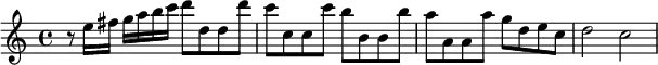 { \time 4/4 \relative e'' { r8 e16 fis g a b c d8 d, d d' |
c c, c c' b b, b b' | a a, a a' g d e c | d2 c } }