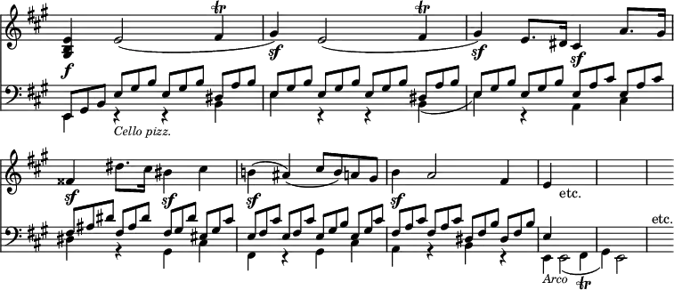 { << \new Staff \relative e' { \override Score.TimeSignature #'stencil = ##f \key a \major \override Score.BarNumber #'break-visibility = #'#(#f #f #f)
<e b gis>4\f e2( fis4\trill | gis4)\sf e2( fis4\trill | %eol1
gis4)\sf e8. dis16 cis4\sf a'8. gis16 |
fisis4\sf dis'8. cis16 bis4\sf cis | %end line 2
b!4(\sf ais)( cis8 b) a gis | b4\sf a2 fis4 | %end line 3
e4 s_"etc." s2 | s1 | s4 }
\new Staff \relative e, { \clef bass \key a \major
<< { \override TupletNumber #'stencil = ##f
\tuplet 3/2 4 { e8 gis b e gis b e, gis b dis, a' b |
e, gis b e, gis b e, gis b dis, a' b | %end line 1
e, gis b e, gis b e, a cis e, a cis |
fis, ais dis fis, ais dis fis, gis dis' eis, gis cis | %eol2
e, fis cis' e, fis cis' e, gis b e, gis cis |
fis, a cis fis, a cis dis, fis b dis, fis b } | %eol3
e,4 } \\
{ e,4 r_\markup \small \italic "Cello pizz." r b' | e r r b_( %1
e) r a, cis | dis r gis, cis | %end line 2
fis, r gis cis | a r b r | %end line 3
e,4_\markup \small \italic "Arco" e2_( fis4\trill |
gis4) e2 s4 | s^"etc." } >> } >> }