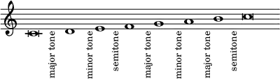 \new Staff \relative c' { \override Score.TimeSignature #'stencil = ##f \time 32/1
  c\breve_\markup \small \rotate #90 "major tone"
  d1_\markup \small \rotate #90 "minor tone"
  e_\markup \small \rotate #90 "semitone"
  f_\markup \small \rotate #90 "major tone"
  g_\markup \small \rotate #90 "minor tone"
  a_\markup \small \rotate #90 "major tone"
  b_\markup \small \rotate #90 "semitone"
  c\breve }
