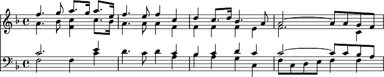 << \new Staff { \key f \major \time 4/4 \relative f'' { << { f4. g8 a8. g16 a8. e16 | f4. e8 f4 c | d c8. d16 bes4. a8 | a2 ~ a8 a g f } \\ { a4. bes8 <c f,>4 c8. bes16 | a4. a8 a4 f | f f f e | f2. c4 } >> } }
\new Staff { \clef bass \key f \major \relative c' { << { c2. e4 s2. c4 bes c d c | c2 ~ c8 c bes a } \\ { f2 f4 c' | d4. c8 d4 a | bes a g c, | f8 c d e f4 f } >> } } >>