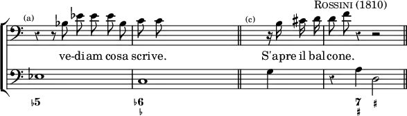 \new ChoirStaff << \override Score.Rest #'style = #'classical \override Score.TimeSignature #'stencil = ##f
  \new Staff \relative b { \time 4/4 \clef bass \mark \markup \tiny "(a)" \autoBeamOff 
    r4 r8 bes ees ees ees bes | c c s8*6/1 \bar "||" s^\markup \tiny "(c)" r16 b cis d^\markup \caps "Rossini (1810)" | d8 f r4 r2 \bar "||" }
  \addlyrics { ve -- di -- am co -- sa scri -- ve. S'apre il bal -- co -- ne. }
  \new Staff { \clef bass ees1 c s8*6/1 g4 | r a d2 }
  \figures { < 5- >1 | < 6- _- > | < _ > < _ >4 < 7 _+ > < _+ > } >>
