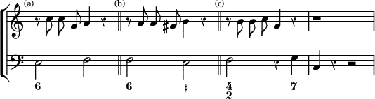 \new ChoirStaff << \override Score.Rest #'style = #'classical \override Score.TimeSignature #'stencil = ##f
  \new Staff \relative c'' { \time 4/4 \autoBeamOff
    \mark \markup \tiny "(a)" r8 c c g a4 r \bar "||"
    \mark \markup \tiny "(b)" r8 a a gis b4 r \bar "||"
    \mark \markup \tiny "(c)" r8 b b c g4 r | r1 }
  \new Staff \relative e { \clef bass e2 f f e f r4 g c, r r2 }
  \figures { < 6 >1 < 6 >2 < _+ > < 4 2 > < _ >4 < 7 > } >>