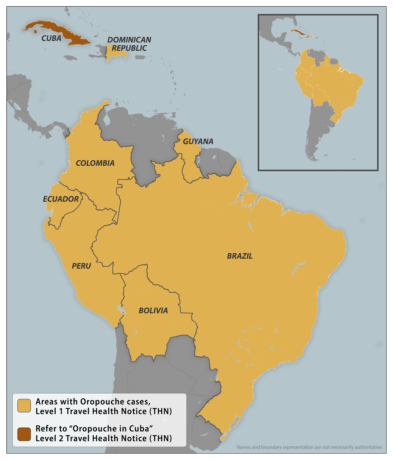 Areas with with Oropouche cases, level 1 travel health notice: Bolivia, Brazil, Colombia, Dominican Republic, Ecuador, Guyana, Peru; refer to