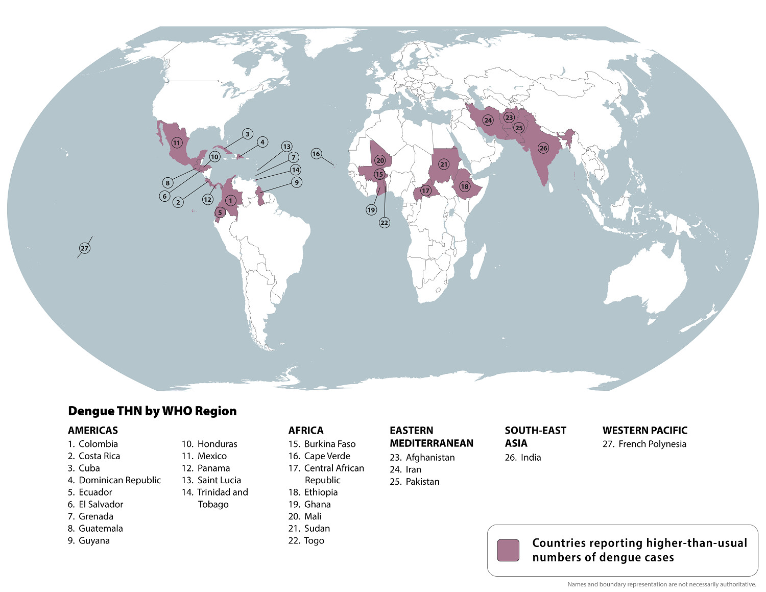 Countries reporting higher-than-usual numbers of dengue cases