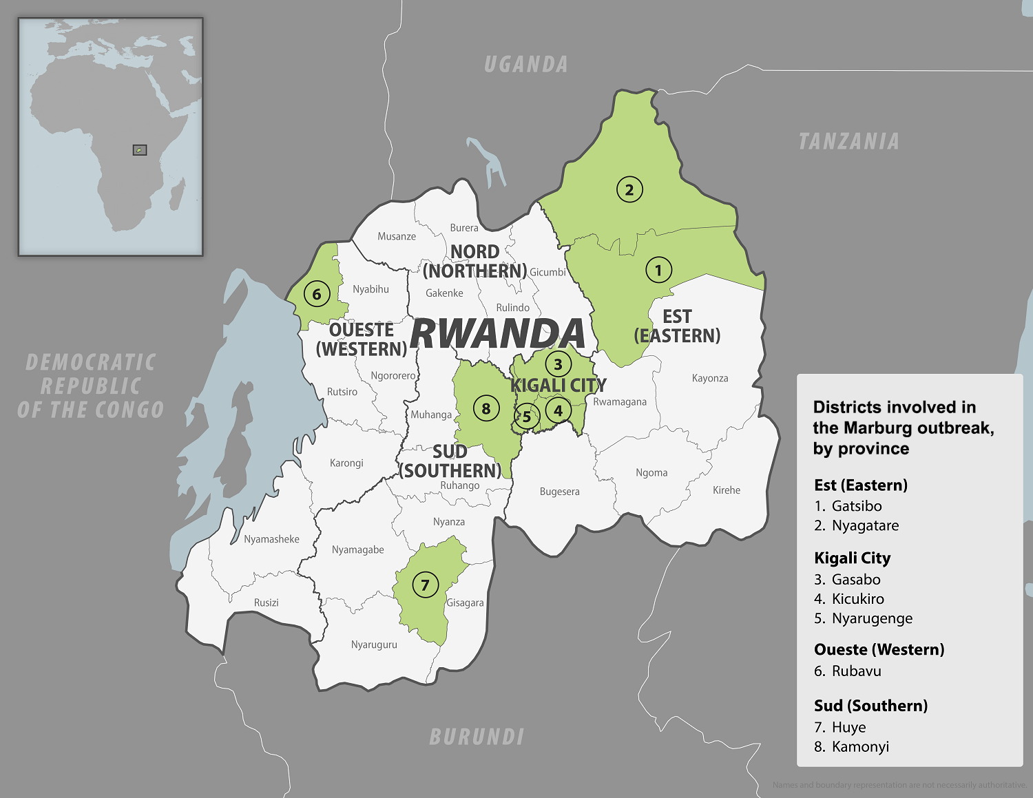 Districts involved in the Marburg outbreak, by province. Est (Eastern): Gatsibo, Nyagatare; Kigali City: Gasabo, Kicukiro, Nyarugenge; Oueste (Western): Rubavu; Sud (Southern): Huye, Kamonyi